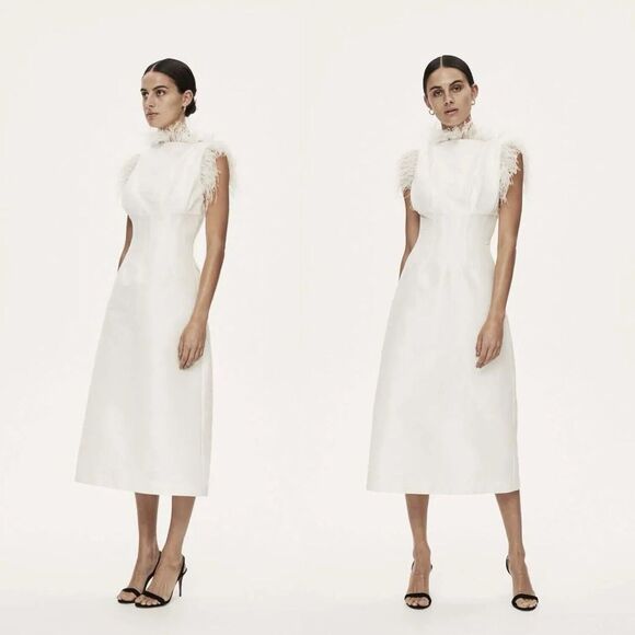 NWT Rachel Gilbert Solomon Ostrich Feather Trim Ivory Midi Dress Size 8 - Picture 2 of 10